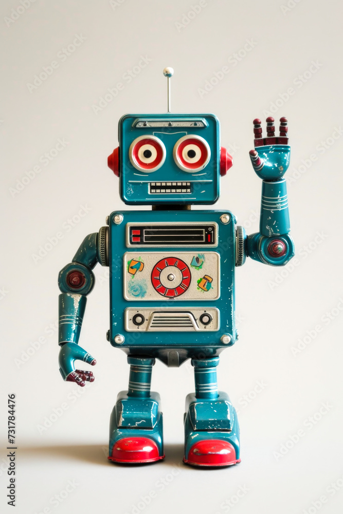 Fototapeta premium Vintage Turquoise Robot Toy Waving Hello