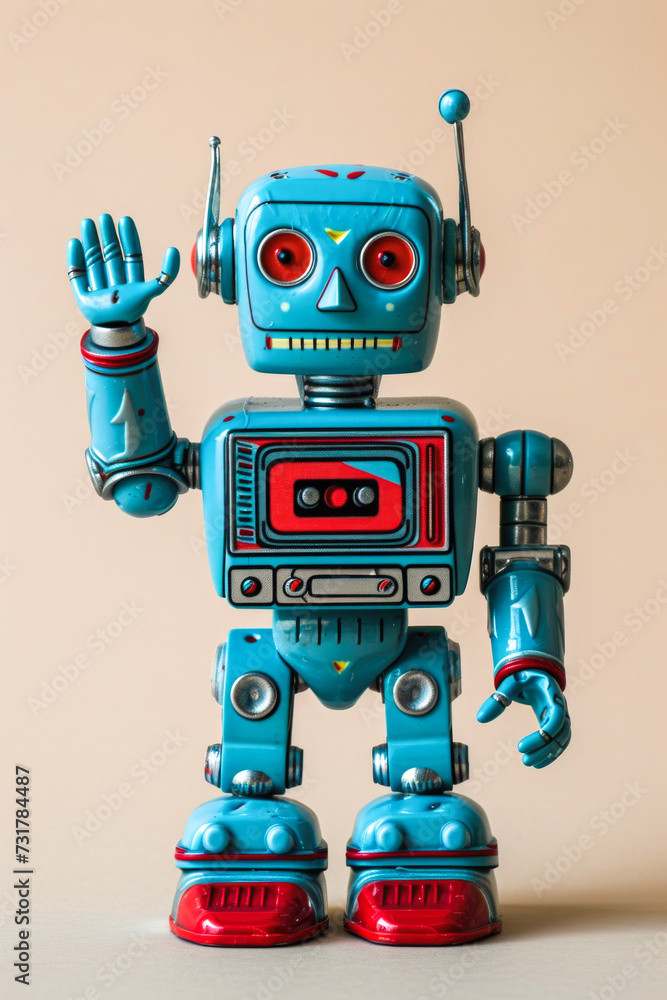 Naklejka premium Vintage Turquoise Robot Toy Waving Hello