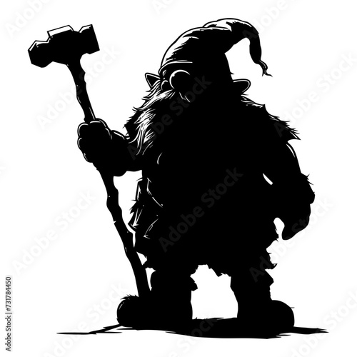 Silhouette dwarf mythical race from game with hammer black color only