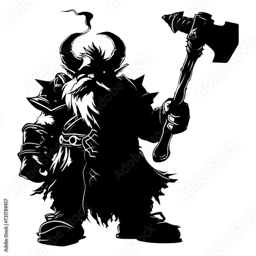 Silhouette dwarf mythical race from game with hammer black color only