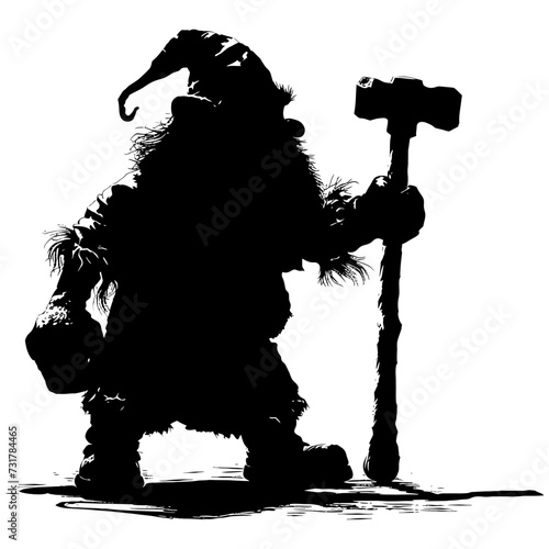Silhouette dwarf mythical race from game with hammer black color only