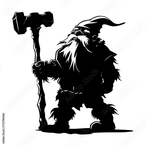 Silhouette dwarf mythical race from game with hammer black color only