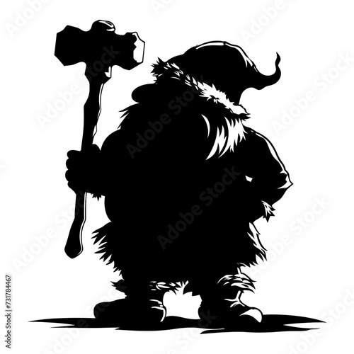 Silhouette dwarf mythical race from game with hammer black color only