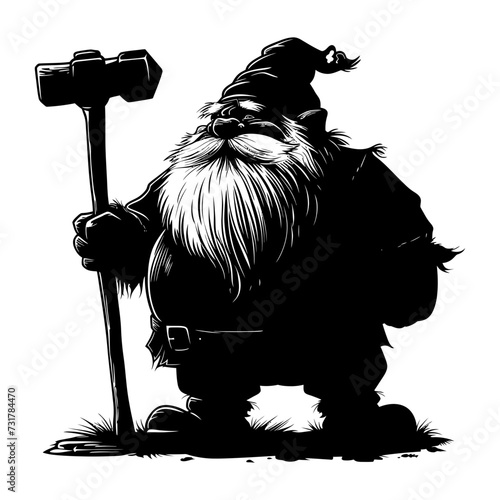 Silhouette dwarf mythical race from game with hammer black color only