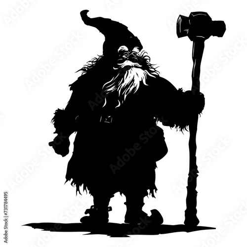 Silhouette dwarf mythical race from game with hammer black color only