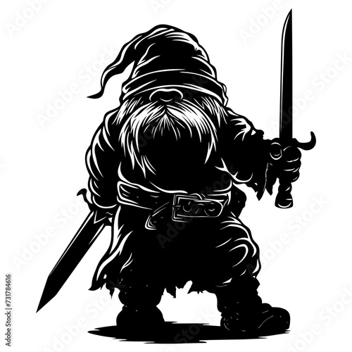 Silhouette dwarf mythical race from game with sword black color only