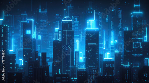 Futuristic Digital Cityscape with Glowing Neon Blue Lines