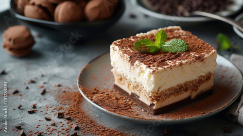 square portion of tiramisu on a plate, dessert sprinkled with cocoa, chocolate, mint