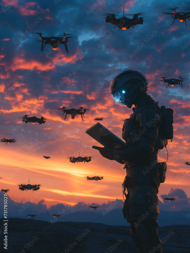Futuristic Soldier with Glowing Visor and Drones in Sunset Sky Futuristic Soldier with Glowing Visor and Drones in Sunset Sky