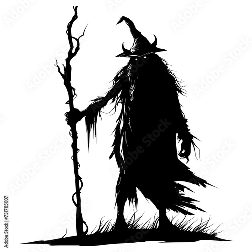 Silhouette goblin mythical race from game mage wit staff black color only