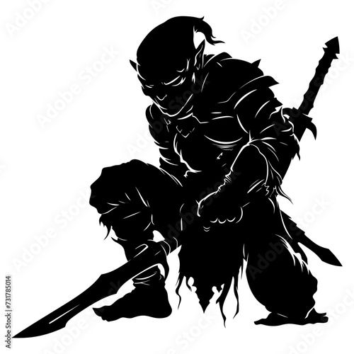 Silhouette goblin mythical race from game warrior with sword black color only