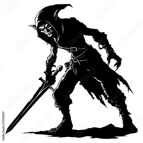 Silhouette goblin mythical race from game warrior with sword black color only