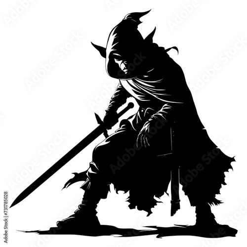 Silhouette goblin mythical race from game warrior with sword black color only