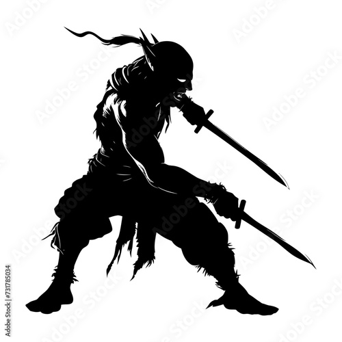 Silhouette goblin mythical race from game warrior with sword black color only