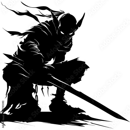 Silhouette goblin mythical race from game warrior with sword black color only