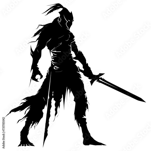 Silhouette goblin mythical race from game warrior with sword black color only