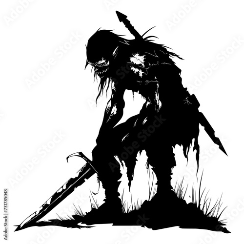 Silhouette goblin mythical race from game warrior with sword black color only