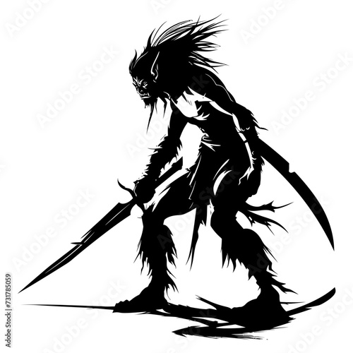Silhouette goblin mythical race from game warrior with sword black color only