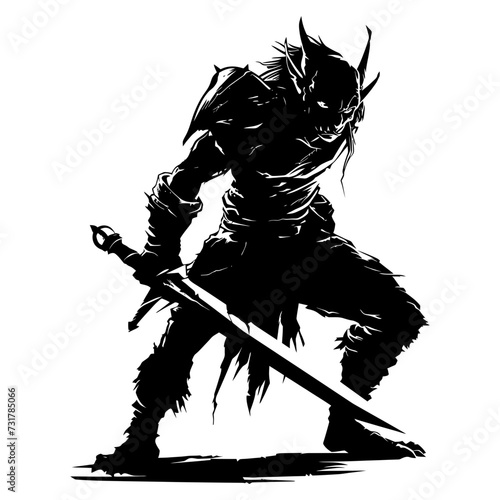 Silhouette goblin mythical race from game warrior with sword black color only