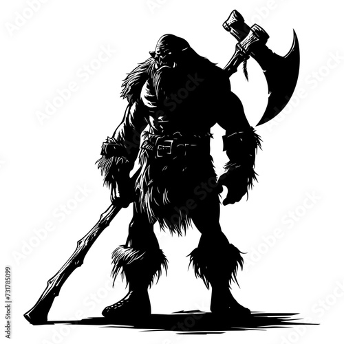 Silhouette ogre mythical race from game with big ax black color only