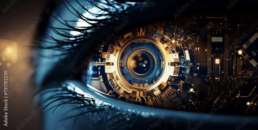 eye of the world, Macro of Robot Eye Computer Screen Reflection eye of the world, Macro of Robot Eye Computer Screen Reflection