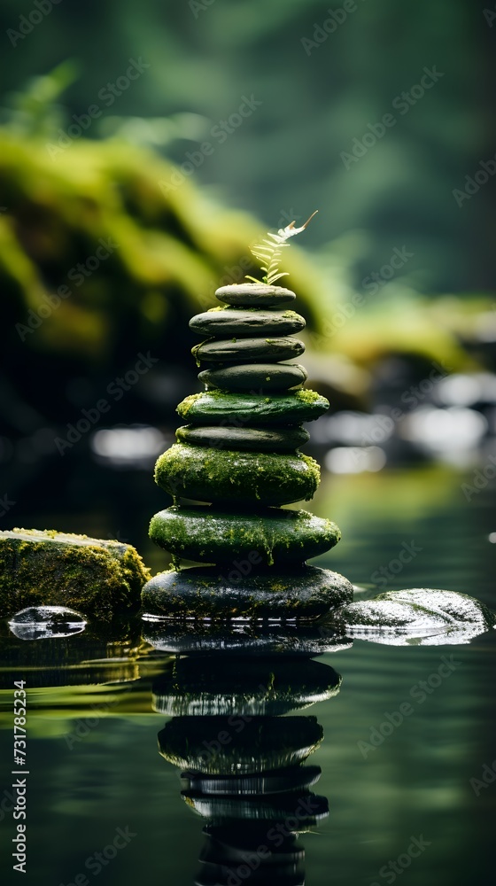 Stack of Rocks on Body of Water, creating a serene and peaceful scene, peaceful zen buddhism influenced atmosphere Stack of Rocks on Body of Water, creating a serene and peaceful scene, peaceful zen buddhism influenced atmosphere
