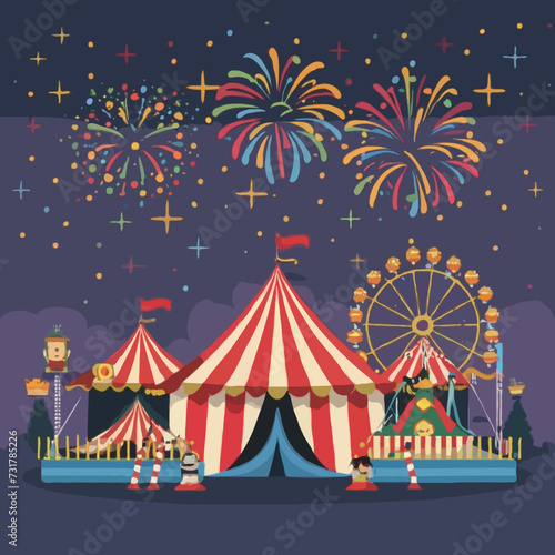 Amusement carnival park with circus tent, ferris wheel, roller coaster, merry-go-round carousel vector illustration