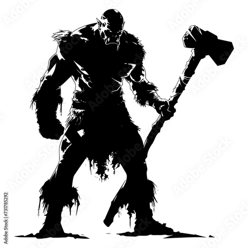 Silhouette orc mythical race from game with big hammer black color only