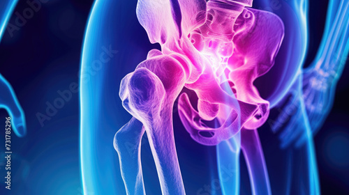 hip pain, human pelvis and hip arthritis, gout, rheumatoid arthritis, blue bone photo, red inflammation © yanapopovaiv