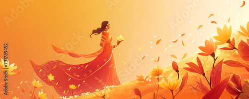 Indian woman in traditional sari with lit lamp or diya. Banner with copy space. Illustration of happy Ugadi, Gudi Padva. Traditional festive backdrop for the Hindu New Year in India. Religion concept photo