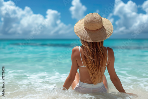 A woman wearing a white swimsuit in a relaxed pose sitting on the beach and looking at the tranquil turquoise ocean and blue sky. 
