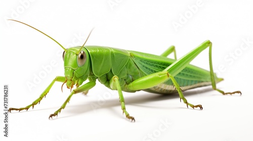 An exquisite green grasshopper artistically isolated against a crisp white background, 