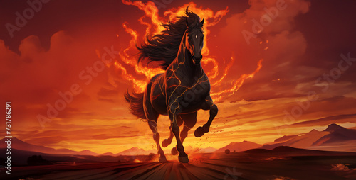 fire in the desert, sunset in the desert, horse in sunset