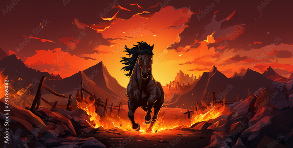 horse runing fire in the desert, sunset in the desert, horse in sunset