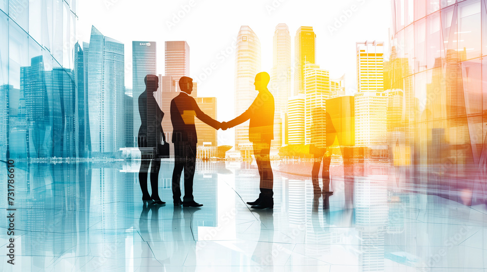 Double exposure image of business people handshake on city office building in background showing partnership success of business deal. Concept of corporate teamwork, trust partner and work agreement. Double exposure image of business people handshake on city office building in background showing partnership success of business deal. Concept of corporate teamwork, trust partner and work agreement.