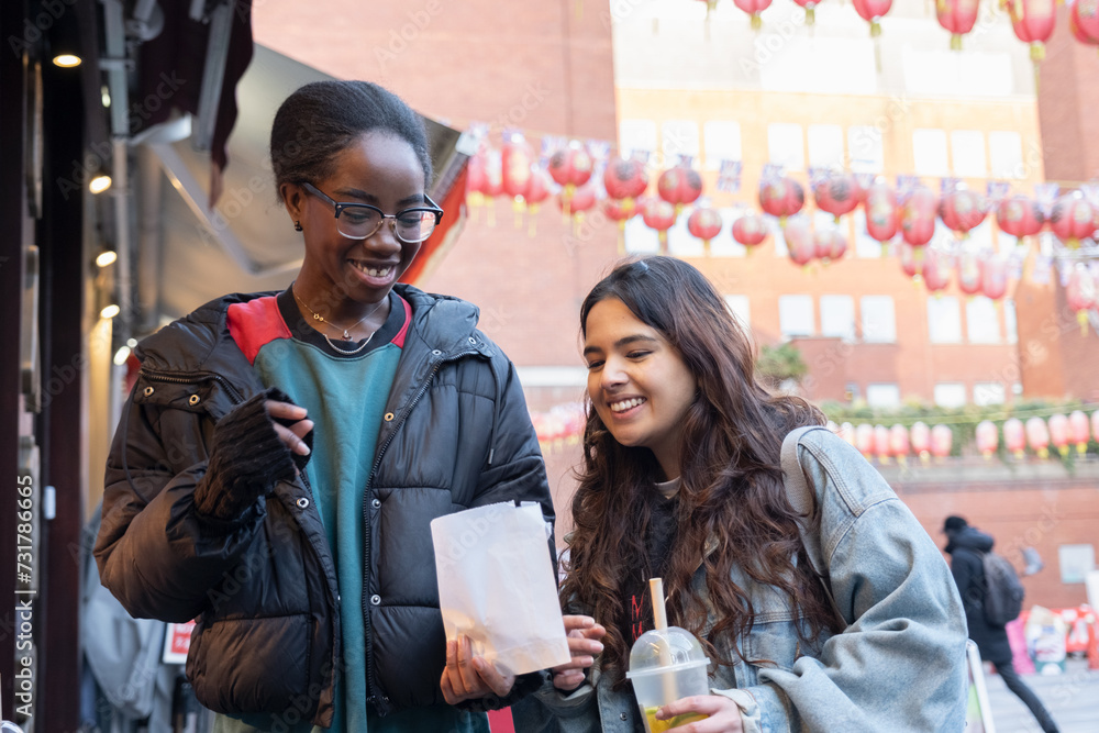 Obraz premium Portrait of two cheerful women with take out food in Chinatown