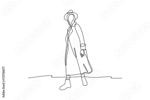 Single continuous line drawing of a woman wears luxurious clothes in a fashion style appearance. Fashion style icon. Fashion boutique. Swirl curl style. Dynamic one line draw graphic design vector ill