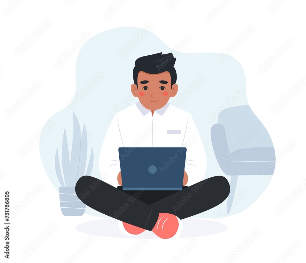 Colored man working with computer, home office, student or freelancer. Concept illustration in flat style