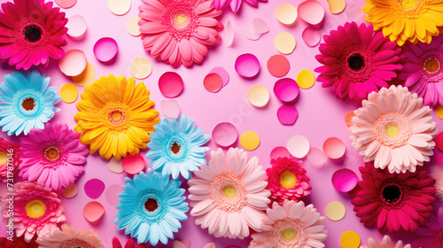 Vibrant flat lay with gerbera daisy flowers on background with confetti