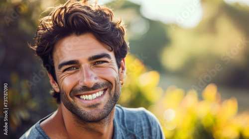 A close-up of a handsome guy with a confident and genuine smile, radiating warmth and approachability photo