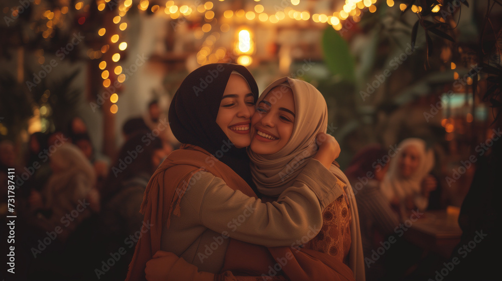 Young muslim women wearing hijabs smiling and hugging. Eid al-Fitr celebrations