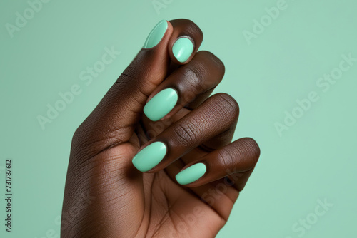 African American womans hand with long nails and turquoise color manicure against green background photo