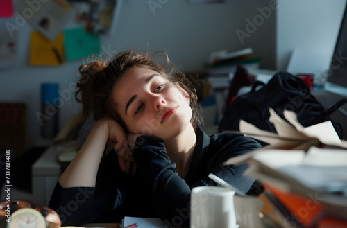 A young woman sleeps at his workplace on a stack of papers. Overtime work and burnout concept.