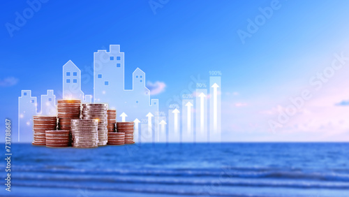 Real estate investment marketing analysis  Stack of coins with graph of business growth  Planning to increase profits doing business  Concept business prosperity and asset management.