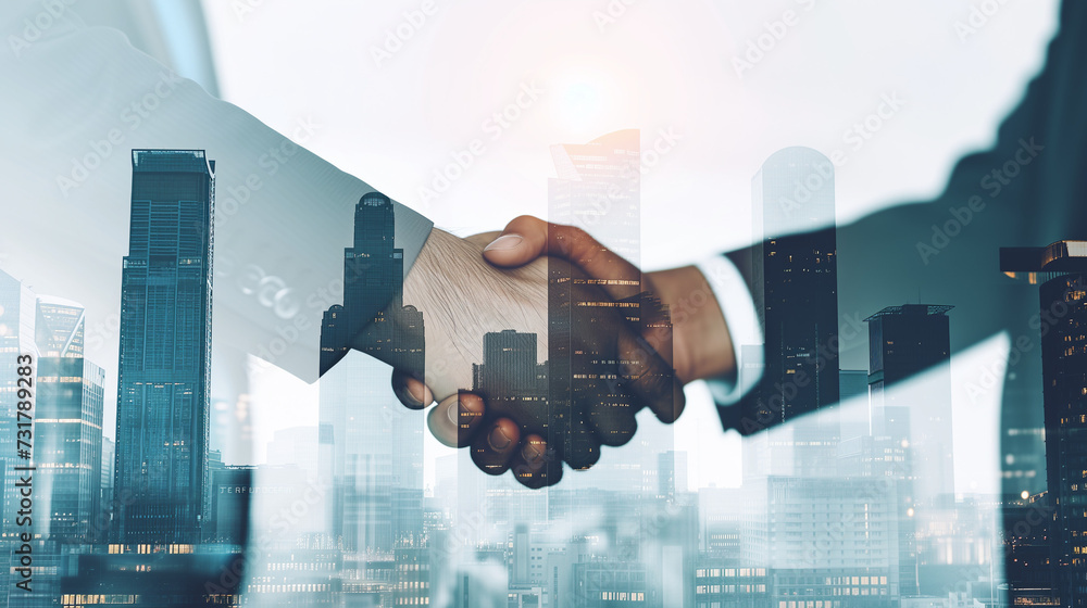 © Steve - Double exposure image of business people handshake on city office building in background showing partnership success of business deal. Concept of corporate teamwork, trust partner and work agreement. © Steve - Double exposure image of business people handshake on city office building in background showing partnership success of business deal. Concept of corporate teamwork, trust partner and work agreement.