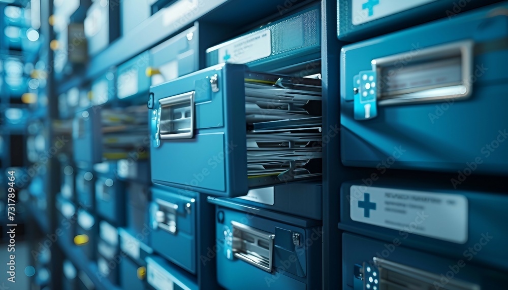 Secure Healthcare Document Storage, Illustrate the importance of secure document storage in healthcare with an image showcasing encrypted digital archives, AI  - obrazy, fototapety, plakaty 