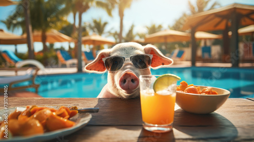 Pigs on vacation with cold drinks by swimming pool, palm trees in background © brillianata
