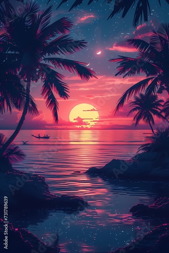 Sunset on tropical beach with palm tree generated ai.