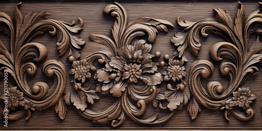 Ancient Wooden Door Frame with Decorative Engraved Floral 