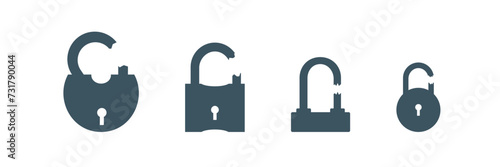 Broken lock padlock glyph icon. Simple solid style. Opened and broken or cracked lock padlock icon isolated on white background. Vector design symbol, logo illustration flat isolated on background.